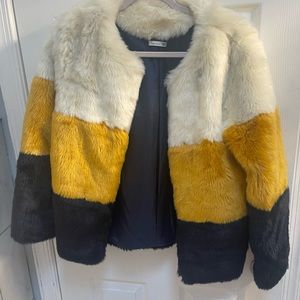 Blue white and yellow fur jacket